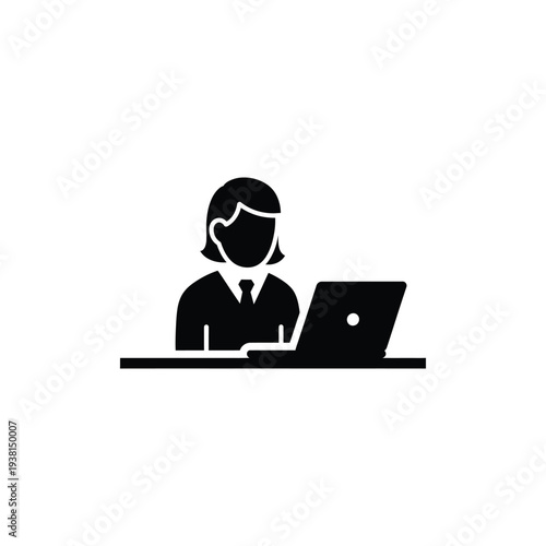 Woman working on laptop at desk, illustration of professional activity