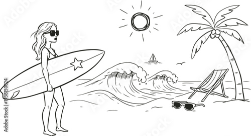 A stylish woman with sunglasses carries her surfboard ready for summer waves on a sunny beach