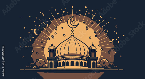 Islamic Mosque Vector Illustration with Crescent Moon