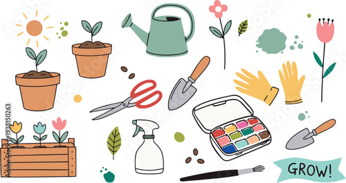 Charming collection of hand drawn gardening elements including plants flowers and various tools