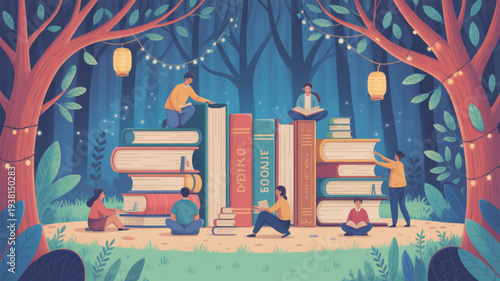 People reading and stacking books in a magical forest with trees lanterns and string lights surrounded by nature