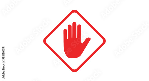 Simple red graphic vector illustration of an open palm hand inside a warning diamond shape