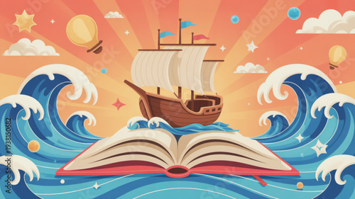 Vibrant illustration of a sailing ship emerging from an open book surrounded by ocean waves sun rays and whimsical elements like hot air balloons and stars in a dreamy sky