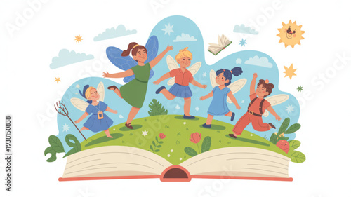 Children playing on a magical book with fairies and flowers in a sunny meadow