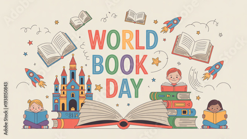 Children celebrating world book day with colorful illustrations of books and rockets