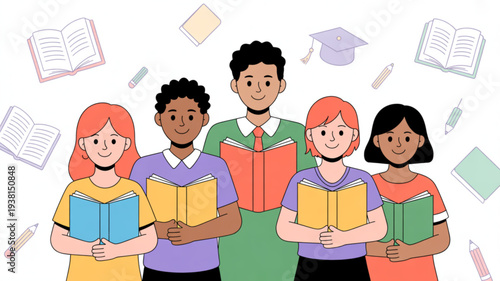 Diverse group of students holding books standing together in education setting with learning materials around them