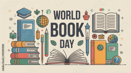 Colorful illustration for world book day with books stationery and educational elements on beige background symbolizing learning and reading