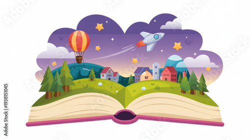 Whimsical open book with fantasy landscape hot air balloon rocket and dreamy sky