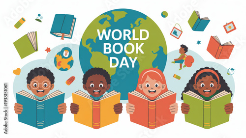 Diverse children reading books on world book day with globe and educational icons around them