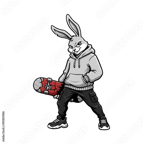 Urban skater rabbit character showcasing cool streetwear style and skateboarding vibe
