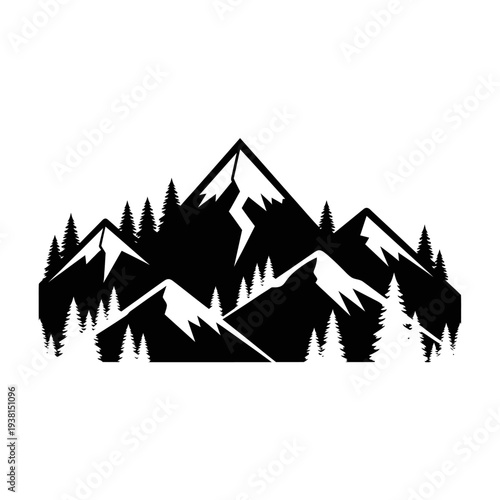 Black Silhouette of Majestic Mountains and Pine Trees Landscape
