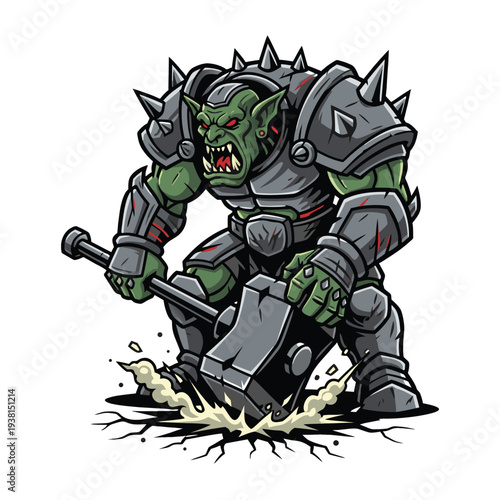 Aggressive Orc Warrior Wielding a Giant Hammer in a Destructive Stance