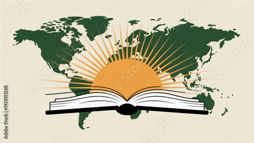 Open book with sun rising over world map background symbolizing global education and knowledge