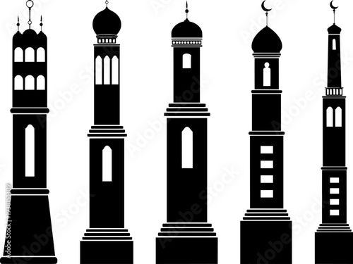 set of islamic minaret silhouettes for mosque architecture and ramadan design