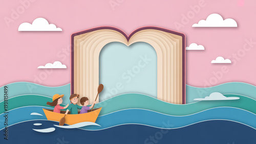 Children sailing a boat towards a giant open book on wavy ocean waves under a pink sky with white clouds