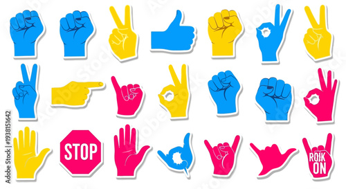 Various hand gestures and signs in different colors displayed together in a graphic illustration showing diverse hand signals