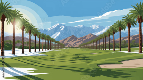 Golf course with palm trees sand trap and mountain range in background under sunny blue sky