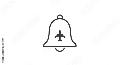 Airplane travel alert bell icon symbol.