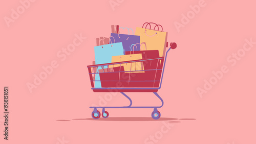 Full Shopping Cart with Colorful Bags, Flat Vector Illustration