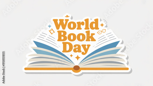 World book day celebration with open book and colorful text on white background