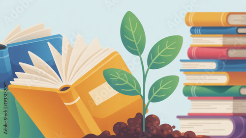 Colorful books and a small plant growing out of the soil symbolizing learning and growth in education