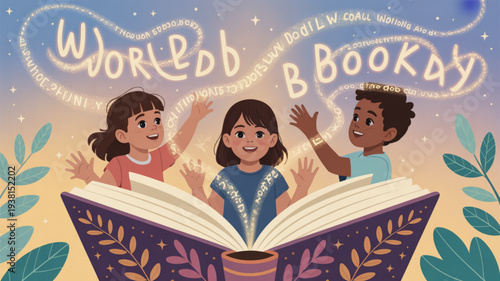 Diverse children excitedly reading a large book with magical words floating above them in a whimsical outdoor setting