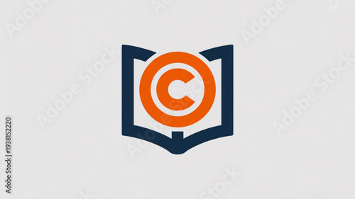 Copyright symbol inside orange circle on open book icon with dark blue cover and white pages representing intellectual property and creative rights