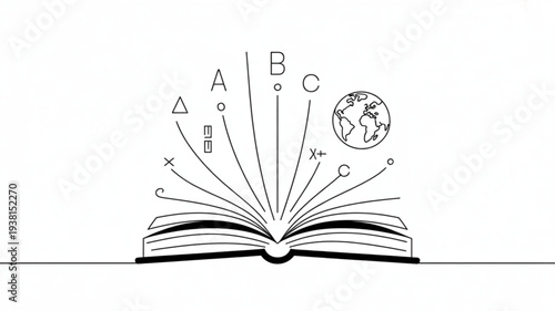 Open book with educational symbols and globe emerging representing learning and global knowledge