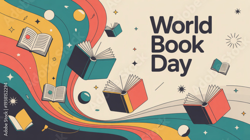 Vibrant world book day illustration with flying books and colorful swirls on beige background