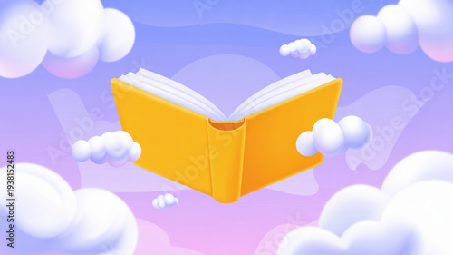 A vibrant yellow book floats in the air surrounded by fluffy white clouds against a serene purple and blue sky background with soft pink hues
