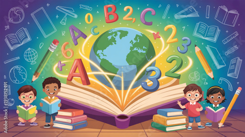 Diverse children standing around an open book with the earth emerging from it surrounded by colorful letters numbers and educational icons in a classroom setting with a gradient
