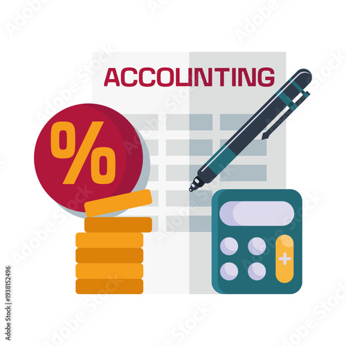Accounting Document Icon with Calculator, Pen and Coins for Financial Analysis, Bookkeeping, Tax Calculation, Budget Management, Business Audit, Report Planning and Monetary Statistics. Vector EPS 10