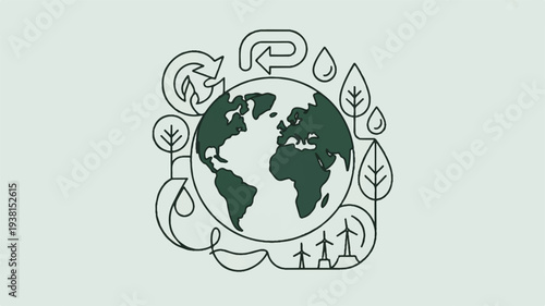 Earth surrounded by eco friendly symbols and leaves on a green background representing environmental conservation and sustainability
