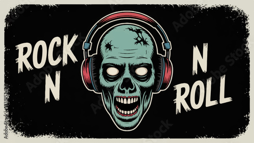 Rock n roll skull with headphones on black background symbolizing music and rebellion