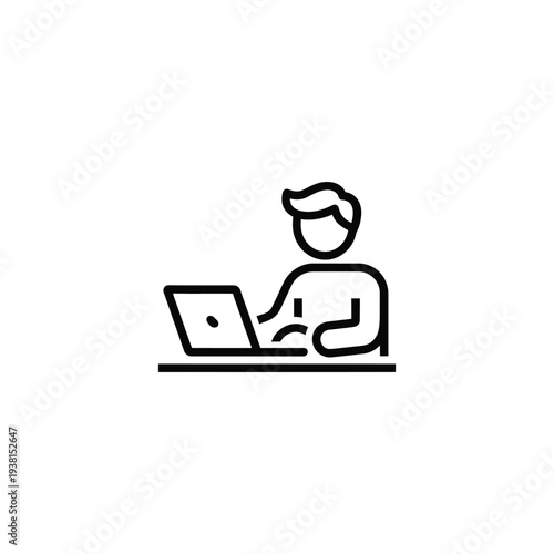 A person working on a laptop computer from a front viewpoint in an office environment illustration