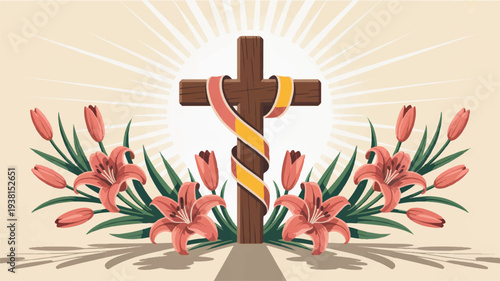 Easter cross with pink tulips and yellow ribbon symbolizing hope and renewal on a beige background with sunburst