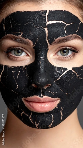 Close-up of a woman's face with a cracked, black facial mask
