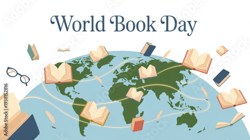 World book day concept with globe and floating books around
