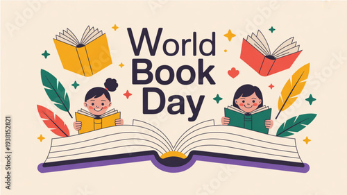 Children celebrating world book day with colorful illustrations and open books