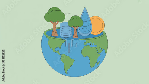 Eco friendly globe with green trees blue buildings and solar energy on a light green background symbolizing sustainable living and environmental conservation
