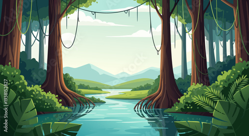 Beautiful illustration of a tranquil river flowing through a lush green jungle with tall trees and hanging vines, vector art