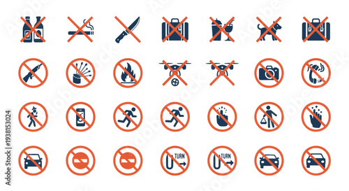 Various Prohibition Signs Featuring Forbidden Items and Restricted Activities General Warning Symbols