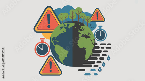 Earth with warning signs and clocks illustrating urgent environmental issues and time constraints for action on climate change and pollution