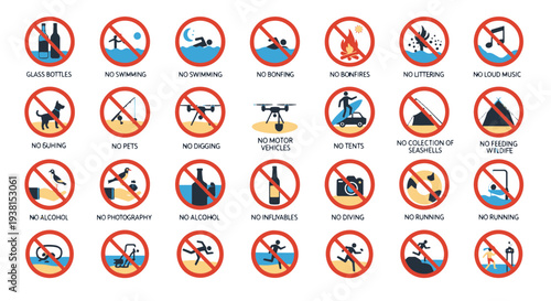Forbidden Activities Signs Featuring Beach and Outdoor Recreational Rules and Restrictions