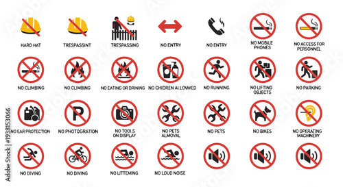 Collection of Essential Safety Warning and Prohibition Signs for Restricted Activities
