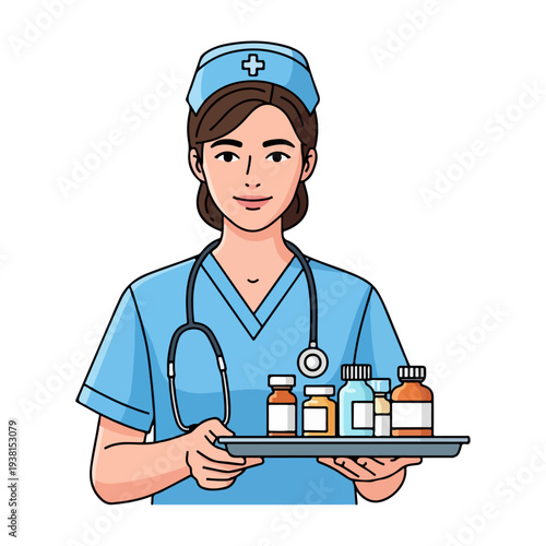 Professional Nurse Vector Illustration - Healthcare Assistant with Medical Supplies Concept