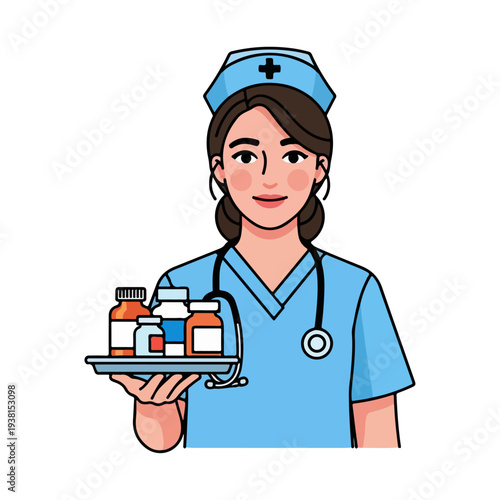Professional Nurse Vector Illustration - Healthcare Assistant with Medical Supplies Concept