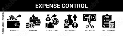 Expense Control web banner icon vector illustration concept with icons of expenses, spending, expenditure, over budget, budget cut, and cost estimate.