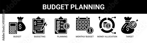 Budget Planning web banner icon vector illustration concept with icons of budget, budgeting, planning, monthly budget, money allocation, and target.