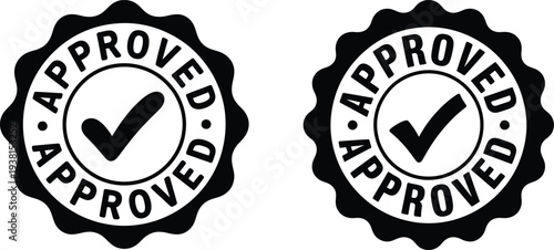 Approved badge seal vector illustration set. Quality certification stamp with check mark symbol for guarantee, validation and trusted product label design